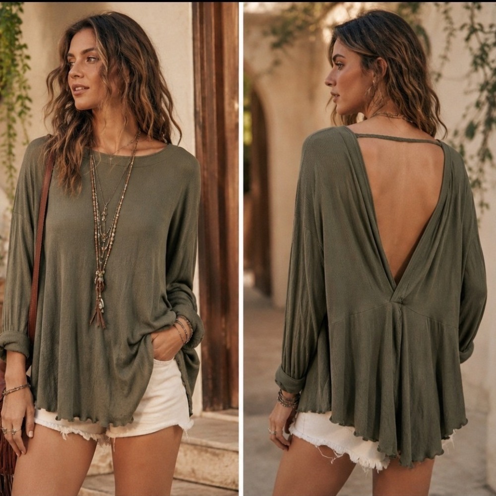 Free People Womens Ribbed Twist Back Long Sleeve Top Olive Green Small